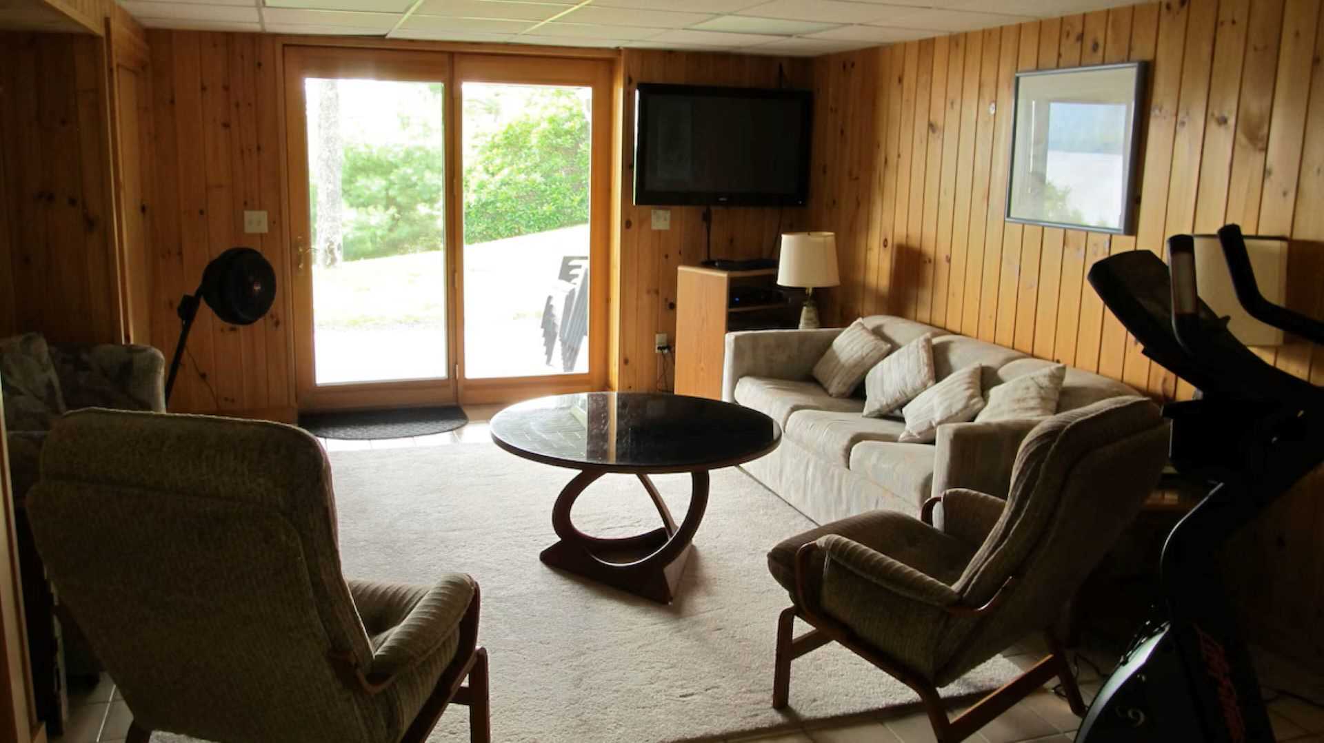 Walk out lower level living area with kitchenette, TV, 